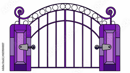 Forged modern gates with lock isolated over dark purple background vector illustration.
