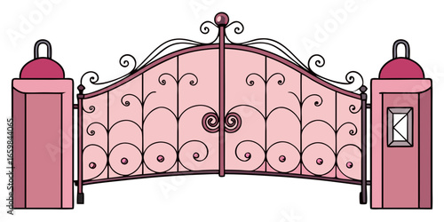 wrought iron gate pink background vector illustration.
