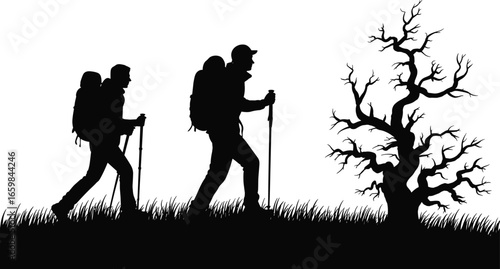 Silhouette hikers trekking in nature, outdoor adventure concept, backpackers with walking sticks, exploring wilderness, hiking trail, rugged landscape, bare tree, nature journey