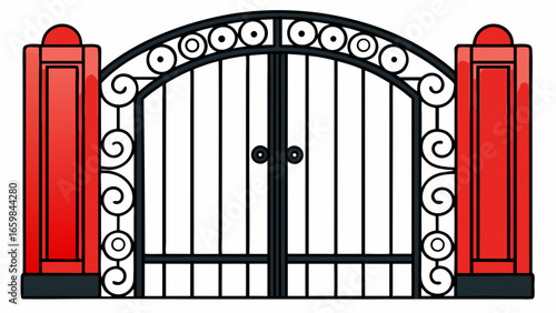 Forged modern gates with lock isolated over dark black background vector illustration.
