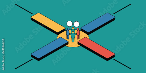 Illustration of people standing in a circle with colored bars extending outwards on a teal background