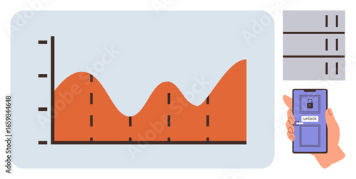 Red undulating graph with bars on a grid, smartphone unlocking access, secured file drawers. Ideal for data security, analytics, mobile integration, privacy, efficiency technology encryption. A