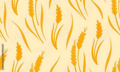 Agriculture wheat seamless pattern. Ripe wheat spikes. Autumn background. Hand drawn Flat Vector illustration