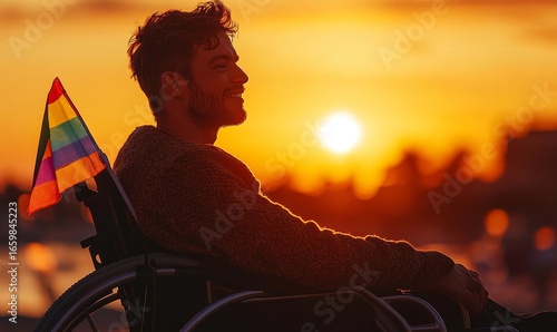 Inclusive image of a disabled homosexual man in a wheelchair, wearing a rainbow pride flag. The image celebrates LGBTQ+ diversity and inclusion during Pride events, with a sunset, Generative AI