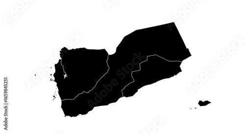 Black Silhouette Map of Yemen with Regional Borders on White Background