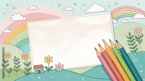 Whimsical rainbow landscape with blank space for drawing