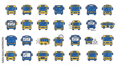 Collection of Blue and Yellow Bus Icons in Various Styles and Angles for Transportation and Travel Design