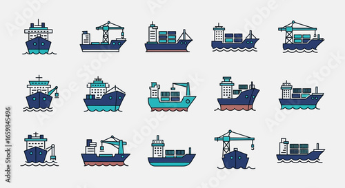 Set of Twelve Modern Nautical Cargo Ships in Flat Design on Light Background