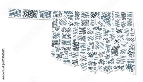 Oklahoma shape text cloud. State border with shadow on white background. Oklahoma with counties division in vintage gazette style. Elegant vector illustration.