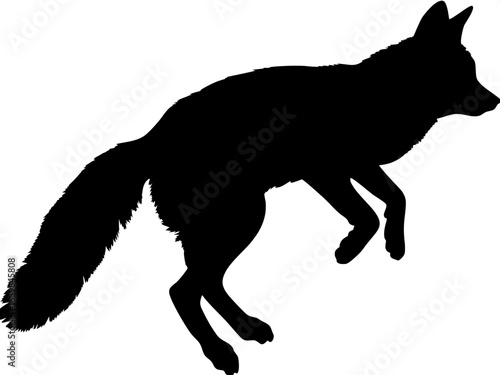 A bold, graphic silhouette of a fennec fox in mid-leap, profile view, its bushy tail extended behind it, rendered in solid black against plain white.