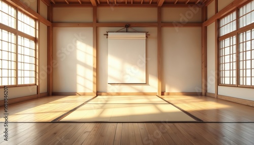 Serene dojo interior with tatami mats, wooden floor and soft light. Traditional japanese martial arts training space with shoji windows, scroll on the wall, beams, natural minimalist design.