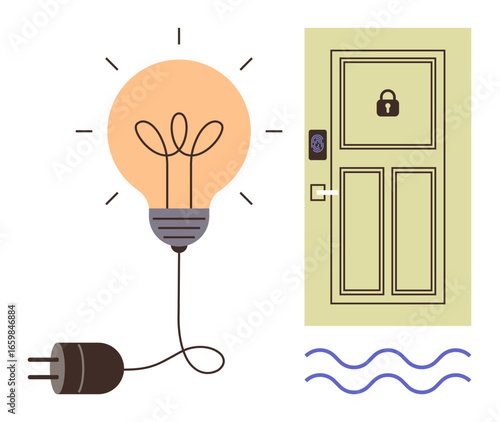 Glowing light bulb with plug next to secure locked door with keycard scanner, representing innovation, security, energy, technology, creativity, access, and protection. Ideal for simple flat metaphor