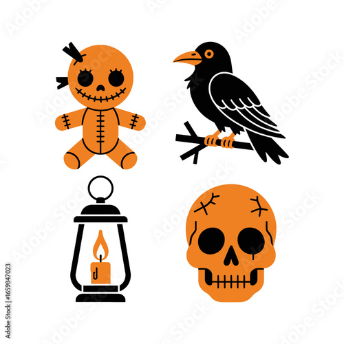 Halloween Icons Set with Scarecrow, Crow, Lantern, and Skull Illustration