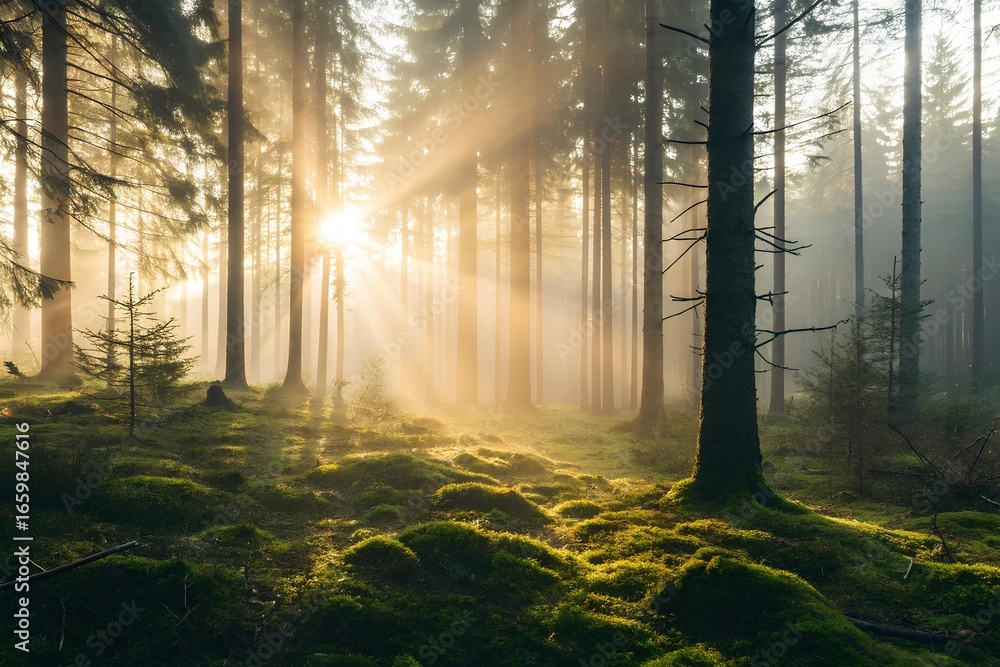 Obraz premium Morning sunlight streams through a misty forest, casting golden rays across mossy ground and tall trees, forming a calm and atmospheric woodland view