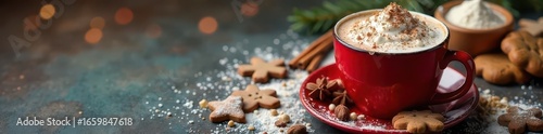 Warm cocoa, gingerbread cookies, flour, spices, festive sprinkles , flat lay, christmas