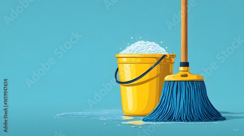 Vibrant flat illustration of cleaning service featuring a cheerful yellow bucket and dynamic blue mop with sudsy water in a minimalist modern vector style