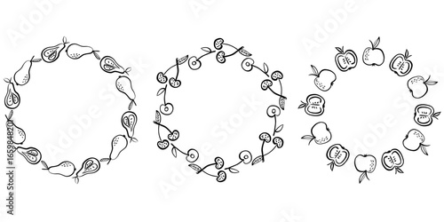 Fruit wreath borders with sliced pears, cherries and apples in hand drawn black and white illustration style, ideal for organic labels, packaging, vintage decoration and botanical design templates