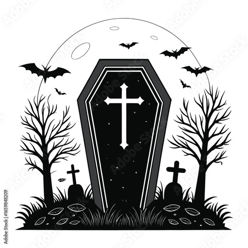 Halloween coffin with cross, vector silhouette