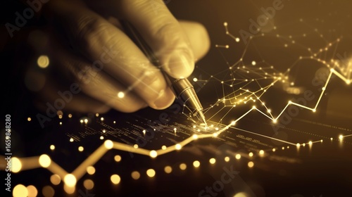 Surreal business scene of a hand drawing glowing financial lines in gold, black, amber, perfect for Finance Day, New Year goals, Investor events.