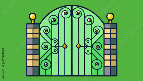 Forged modern gates with décor isolated over dark green background vector illustration.
