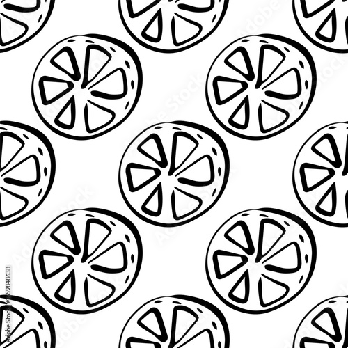 hand drawn citrus round slices seamless pattern in black and white with stylized fruit cross sections arranged in decorative repetition for textile wallpaper packaging concept of healthy food concept