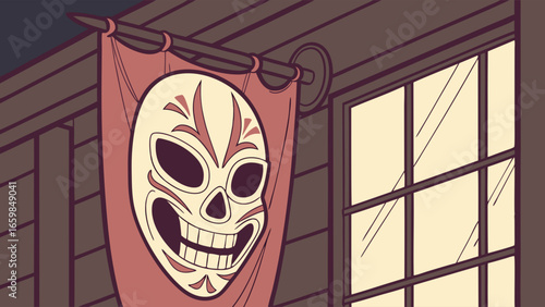 Eerie Halloween decoration featuring a traditional spooky mask on a red banner hanging by a window at night.
