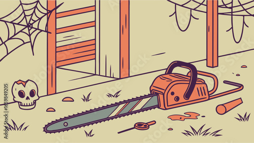 Creepy Halloween Scene with a Chainsaw, Skull, and Spiderwebs