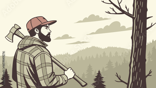 A bearded woodsman with an axe prepares for a chilling Halloween night in the forest.
