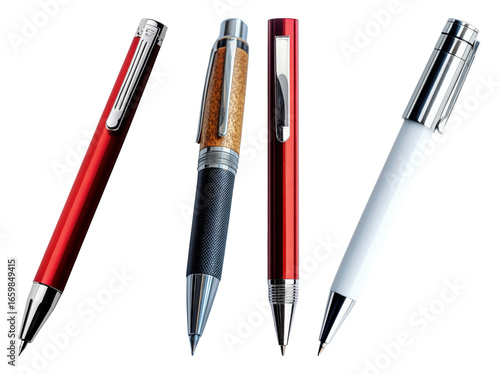 Four diverse pens with metal clips and tips two red one wood textured one white transparent background