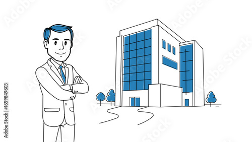 Minimalist vector outline of a person standing an office building, in whiteboard style. Ideal for corporate, professional business . For presentations, websites, infographics, and explainer visuals.