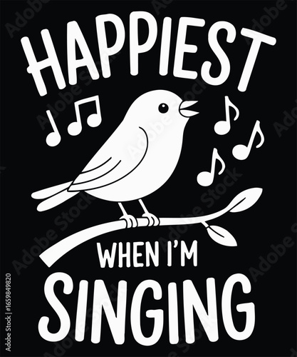 Happiest bird singing musical notes branch