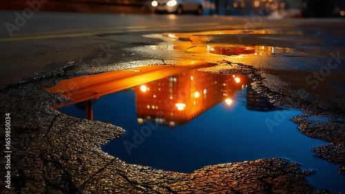 City Reflection in a Puddle: A captivating cityscape transforms into a serene reflection within a puddle, showcasing the artistry of urban light, contrast, and texture at night.