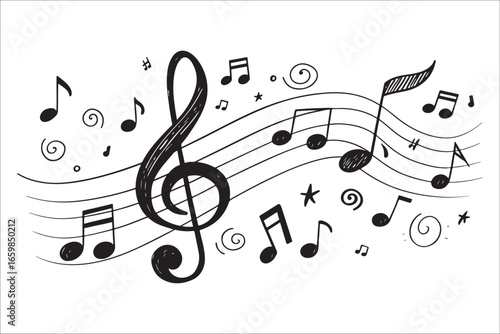 Hand drawn musical notes and staff silhouette