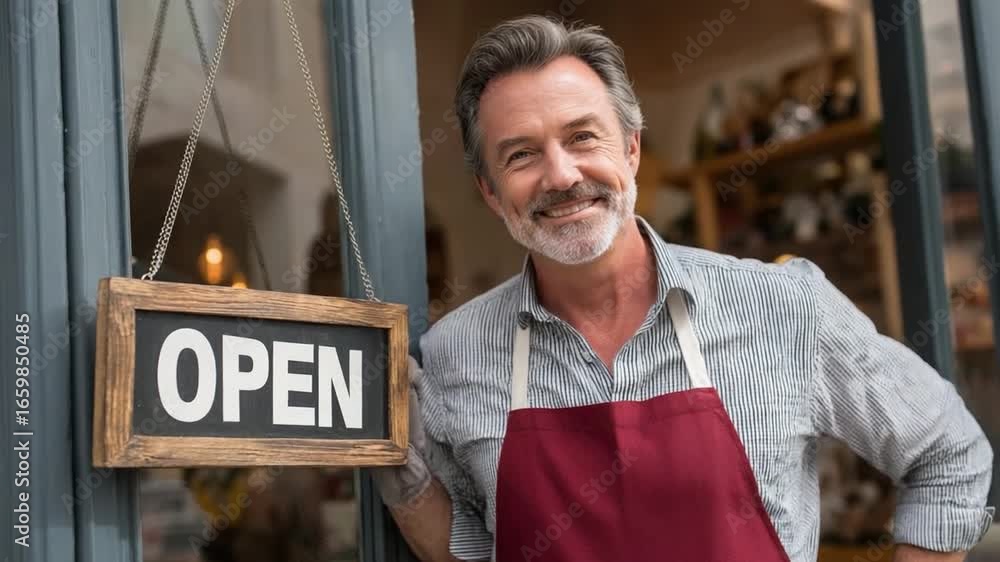 Smiling Proprietor Welcomes Customers: A friendly business owner stands ...
