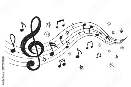 Hand drawn musical notes flowing across the page silhouette