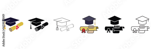 Graduation hat cap icons set. line and glyph version, a Graduation student black cap and diploma, student hat outline and filled vector sign, Academic cap.