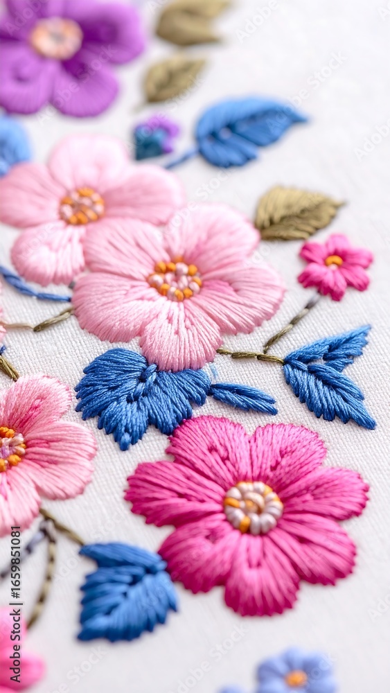 Detailed embroidery of flowers. Close-up view of floral design Detailed embroidery of flowers. Close-up view of floral design