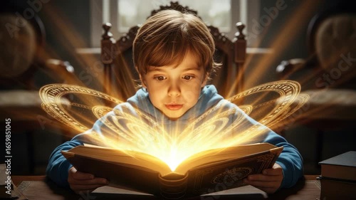Boy's Enchanting Discovery: Exploring Magic Through an Illuminated Book and Spellbinding Light