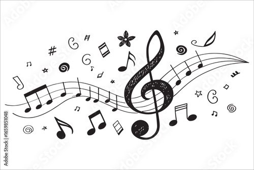 Musical notes and symbols artistic composition silhouette