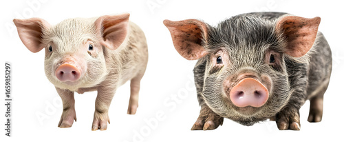 Two pigs one light colored and one dark colored facing forward on a black transparent background