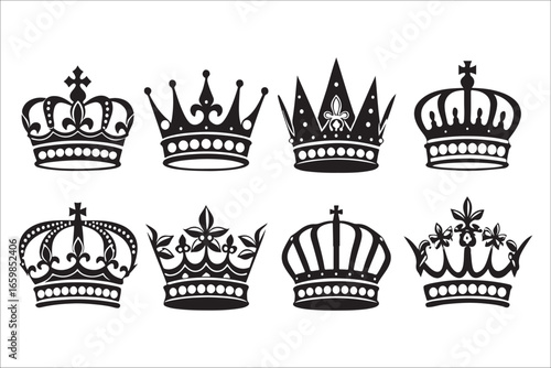 Eight regal crowns symbolizing royalty and power silhouette
