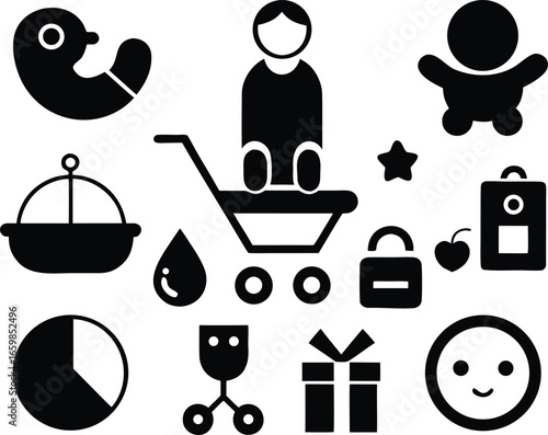 Collection of black silhouette icons representing childhood family and baby care including stroller toys gifts and essential items