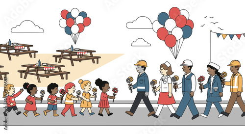 Illustration of a diverse community celebration, with children and essential workers marching together in a festive parade