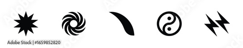 Abstract symbols including star yin yang lightning bolt swirl curve