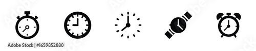 Collection five timekeeping icons clock watch