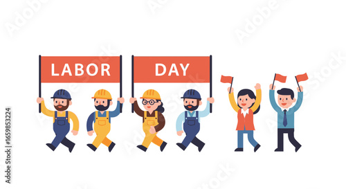 Illustration depicting a diverse group of workers marching and celebrating Labor Day with banners and flags.