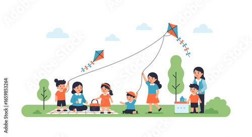 A group of children and adults enjoy a picnic and fly kites in a park on a sunny day, surrounded by trees and clouds.