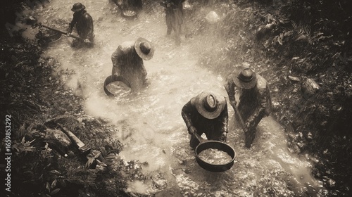 Sepia-toned scene of gold panning in a shallow river with workers sifting sediment in vintage outdoor attire