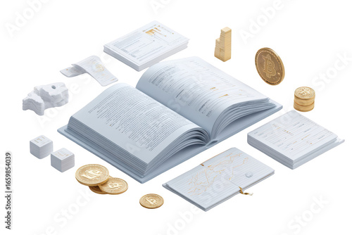 Isometric view of an open book with documents, gold coins and figures