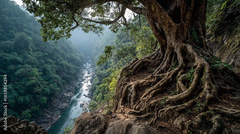Fototapeta premium Ancient Tree with Exposed Roots Overlooking a Serene River Valley Surrounded by Lush Green Forest in Soft Morning Light